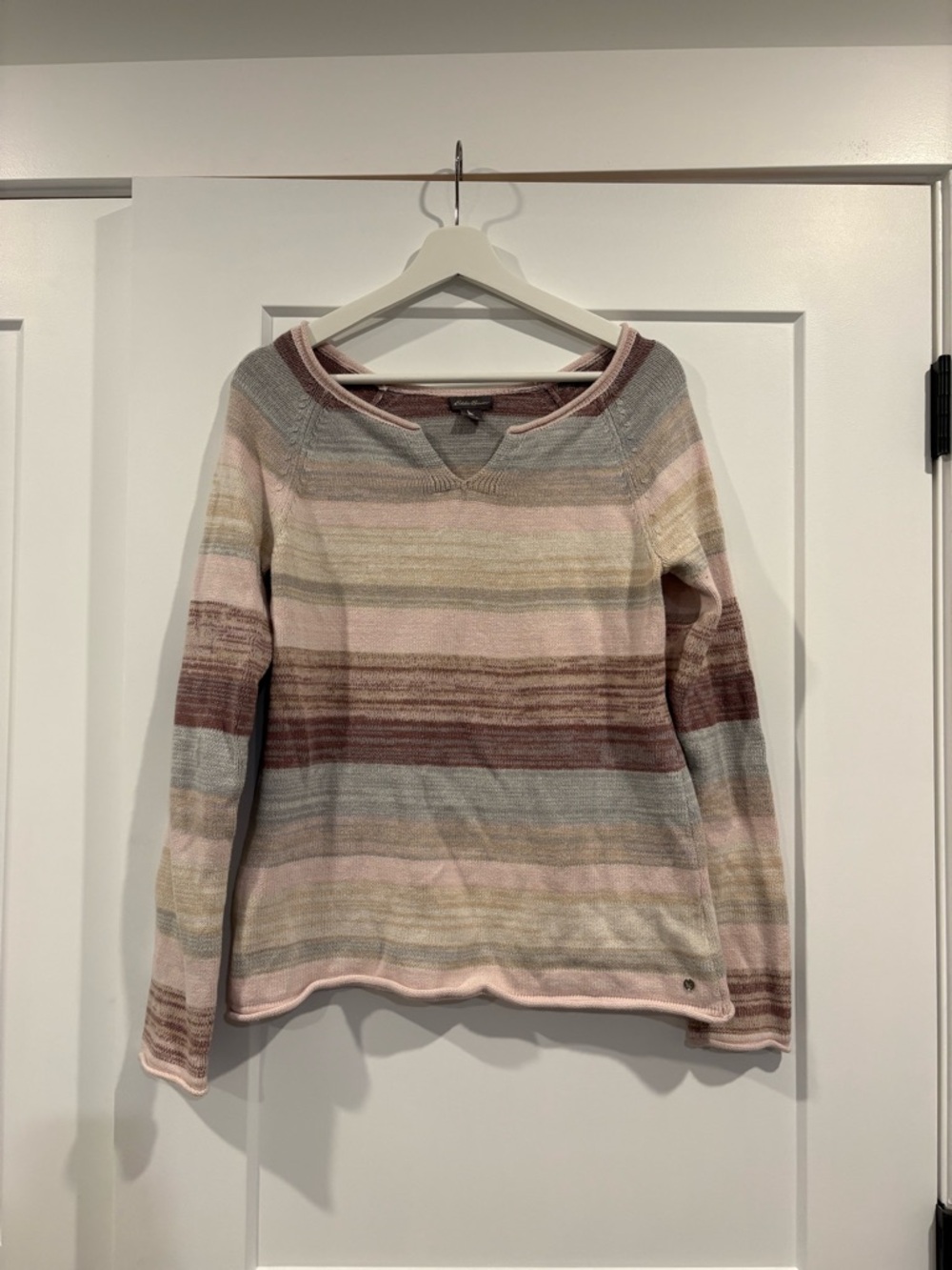 Eddie Bauer Gray and Pink Trim Striped Knit Top